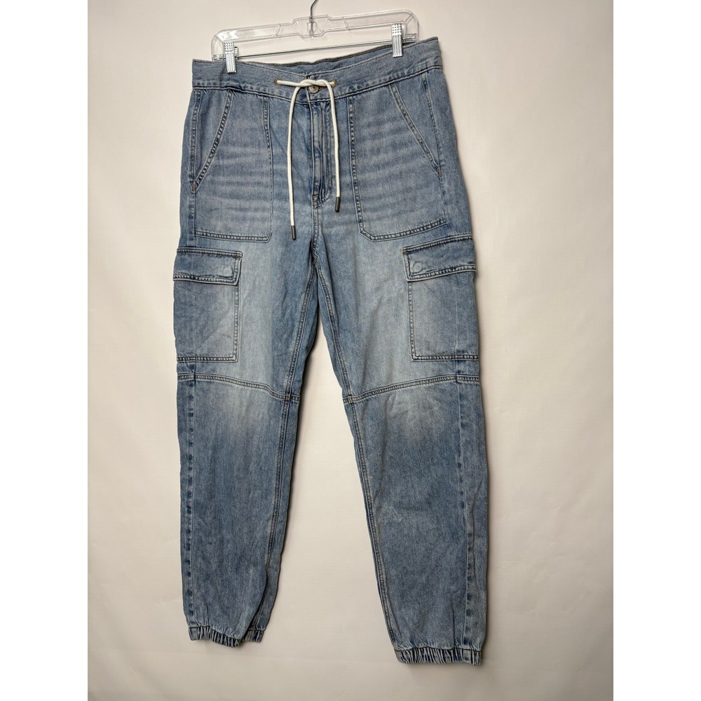 American Eagle Women 12 Long Light Wash Denim Cargo Jogger Pants High Rise